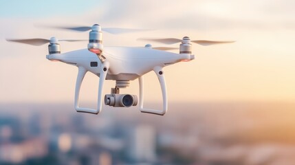 A detailed close-up of a white drone soaring above an urban landscape, capturing the essence of aerial technology in a city environment.