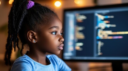 A young girl sits focused in front of a computer monitor, engaging with digital content in a modern workspace environment.