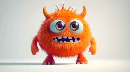 Fototapeta premium Cute Furry fluffy Orange Monster, cartoon 3d, alien monster illustration, on white background.