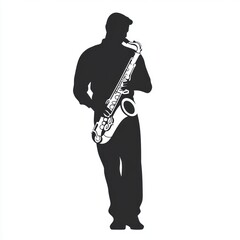 Naklejka premium Saxophonist silhouette, music performance, stage, concert, design element.