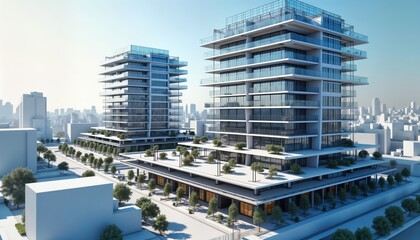 Modern urban design. Two high-rise buildings with glass facades. Stylish architecture. Cityscape with contemporary urban development. Public space, trees situated between structures. BIM tech used.