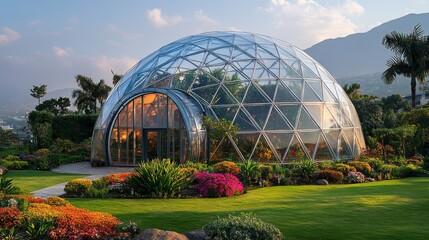 Obraz premium Dome structure designed for growing plants in a vibrant garden landscape during daylight