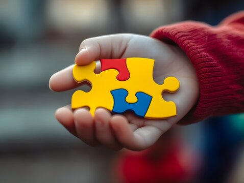 Closeup of a child's hand holding a colorful puzzle piece symbolizing creativity and learning. Concept of autism awareness