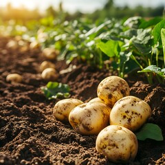 Close-up of a potato field with fresh potatoes lying on the soil
