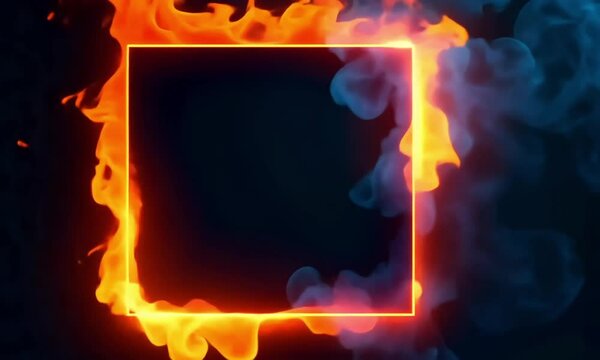 Fiery and smoky square of frame video. Colourful fire frame footage. Fire frame video wallpaper and background