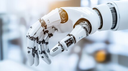 A robotic hand wearing a white glove, showcasing advanced technology and design, highlighting the blend of human-like features and mechanical precision.