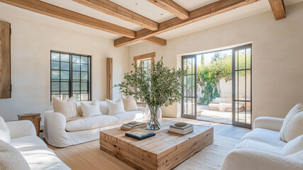 ナチュラルウッドと白を基調としたリビングルーム