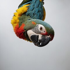 Obraz premium A parrot hanging upside down on a white background.