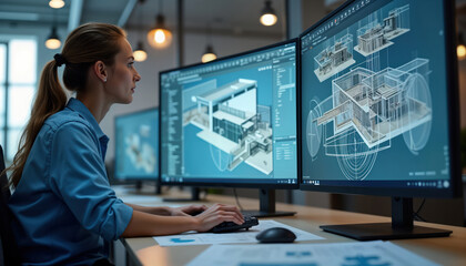 Female architect working on 3D model of house project on computer in modern office. Focuses intently on digital design, likely using CAD software. Modern office setting suggests professional