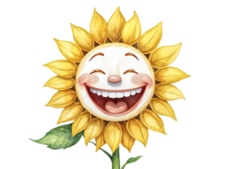 Watercolor laughing sunflower face with copyspace. Isolated on transparent background, PNG