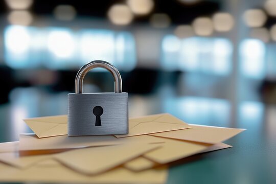 A padlock sits atop a stack of envelopes, conveying secrecy and confidentiality