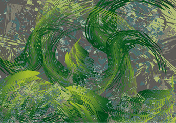 Grunge camouflage backdrop with green plant elements for textiles or fabrics. Forest scenery for covers, scrapbooking, tiles, fashion trends, business concept, wallpapers, backgrounds, textures, etc.