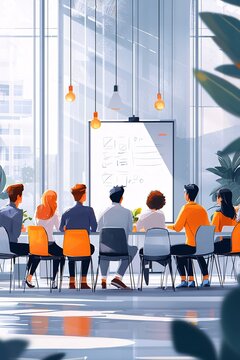 Business team attending a workshop with a facilitator explaining concepts on a whiteboard clean and minimalist 2D design