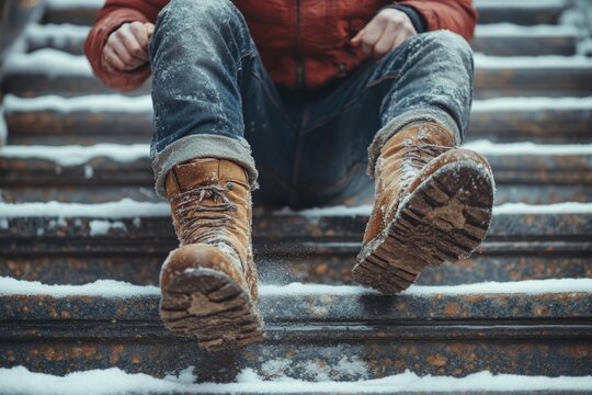 A person sitting on snowy steps, perfect for winter scenes or cold weather themes
