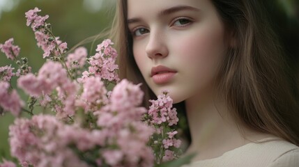 Naklejka premium A young woman holding a bunch of pink flowers in her hands