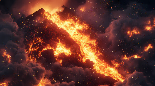 A volcano erupts, spewing molten lava and ash into the air, creating a fiery spectacle against a backdrop of a darkened sky. Fiery Volcano. Illustration