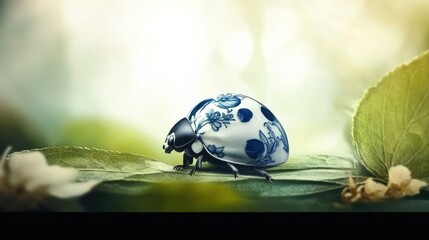 A captivating insect resembling hand-painted ceramics crawls over lush green leaves, blending nature with artistic creativity that inspires wonder and curiosity.