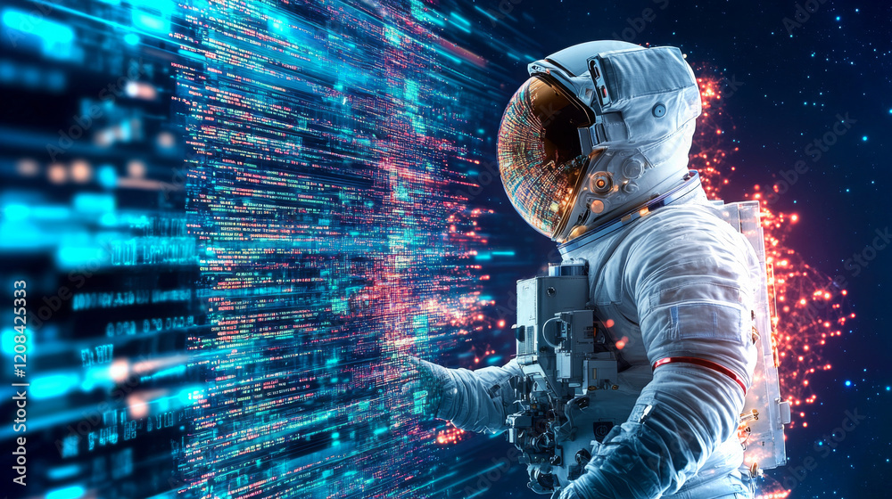Poster astronaut interacting with dynamic digital data in outer space environment