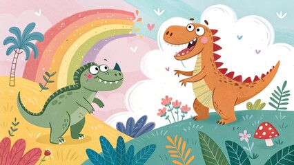 This is a whimsical and colorful illustration featuring two cartoon dinosaurs in a playful scene with a rainbow.