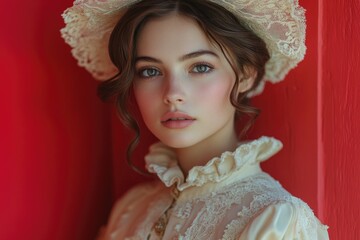 Fototapeta premium A woman wears a white hat and dress outdoors