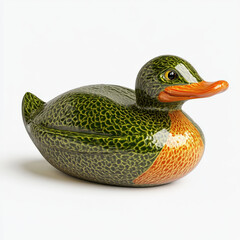 Fototapeta premium Green and orange glazed ceramic duck figurine.