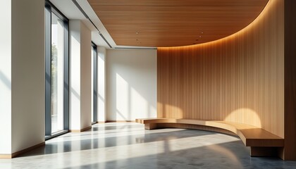 Stylish office lobby features curved wooden wall. Natural light illuminates modern interior design. Empty curved wooden bench provides seating. Modern architecture design with natural wood accents.