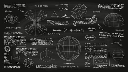 Board with calculations, formulas and inscriptions on physics. Board with notes on quantum mechanics and physics, calculations and 3D drawings related to space and science. Vector scientific notations
