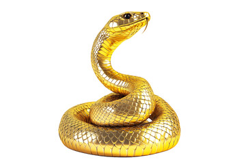 Fototapeta premium Coiled golden snake sculpture with detailed scales isolated on white transparent background, reptiles or wildlife, symbolizing Chinese Lunar New year