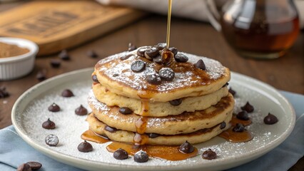 This is a close-up, eye-level shot of a stack of warm, golden-brown pancakes generously studded with chocolate chip