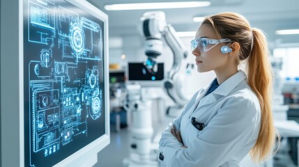 Fototapeta premium A focused Arab woman in a lab coat examines data on a computer screen, showcasing her dedication to scientific research and technology.