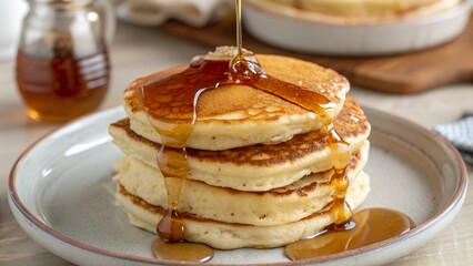 A mouthwatering close-up shot of a stack of golden-brown pancakes