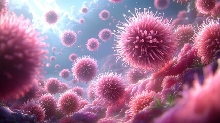 Microscopic view of pink virus particles floating in a fluid.