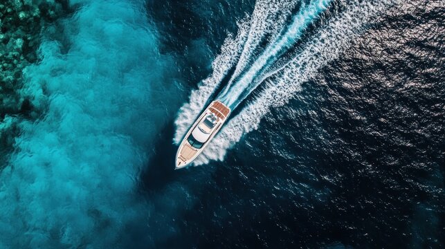 Aerial View of a White Motor Yacht Cruising on a Deep Blue Sea