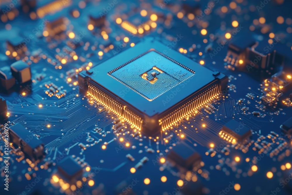 Poster a close-up view of a computer chip on a circuit board, perfect for technology-related concepts and p