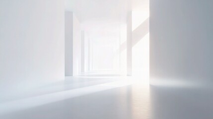 Fototapeta premium Sunlight Through Minimalist Hallway: A shaft of sunlight streams through a minimalist hallway, illuminating the white walls and polished floor. The light creates a sense of depth and perspective.