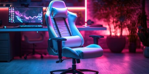 A modern computer desk with a monitor and gaming chair