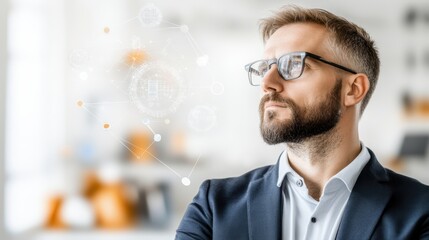 A focused man in a suit and glasses examines a detailed network graphic, illustrating business strategy and technology insights.