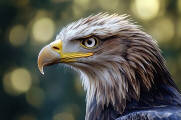 Fototapeta premium Majestic eagle perches against a soft blurred background in natural habitat