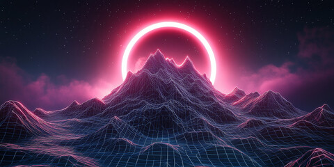  A futuristic 3D wireframe landscape of neon-lit mountains under a starry night sky, creating a sci-fi and retro aesthetic. Perfect for tech-inspired designs or backgrounds.