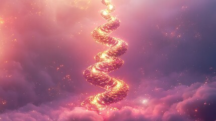 Obraz premium A surreal tower of glowing organic spirals stacked infinitely upwards into soft glowing clouds of pink and gold light