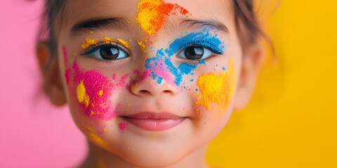 Obraz premium A child's face playfully adorned with vibrant, colorful powder paint, creating a joyful and artistic expression.