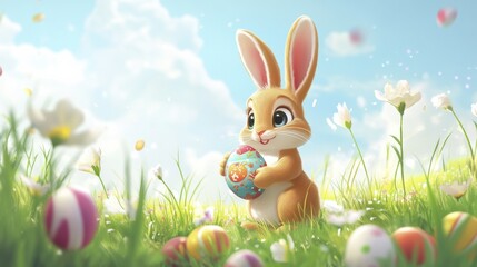 Cute cartoon bunny holding easter egg in vibrant spring meadow