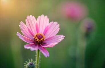 Closeup view of single pink cornflower. Beautiful details of petals, center visible. Flower isolated against blurred green background. Natural light shines on flower. Perfect for nature photography