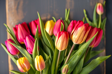 Obraz premium Beautiful colorful bouquet of tulips on wooden board table background. Valentine's Day, Easter, Happy Women's Day, Mother's Day. Flat lay, top view, copy space.