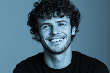 Obraz premium A man with a beard and curly hair is smiling at the camera