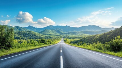 Empty Asphalt Road Leading Through Lush Green Mountains Under a Blue Sky