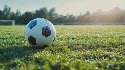 Fototapeta premium Soccer Ball on a Grass Field with Sunlight