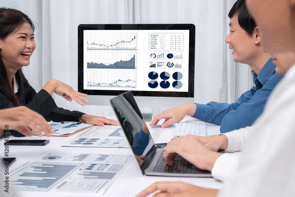 Leinwandbilder analyst team utilizing bi fintech to analyze financial data at table in meeting room. businesspeople