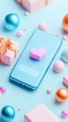 Pastel-themed smartphone with heart sculpture and gift boxes amid floating spheres for celebration and technology concepts