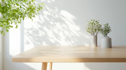 Obraz premium Minimalist interior design with wooden table and potted greenery under soft natural light near white wall